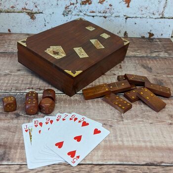 Wooden Birthday Gift; Wooden Multi Game Set Domino Dice Playing Cards, 2 of 8