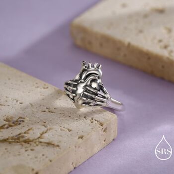 Anatomical Heart And Skeleton Hands Sterling Silver Ring, 5 of 12