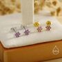 Pair Of Very Tiny Ruby Pink Cz Flower Stud Earrings In Sterling Silver, thumbnail 4 of 12