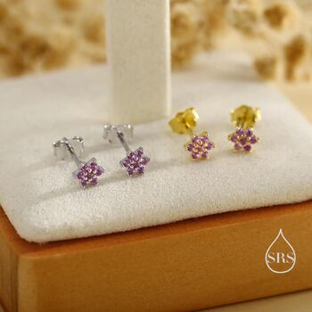Pair Of Very Tiny Ruby Pink Cz Flower Stud Earrings In Sterling Silver, 4 of 12