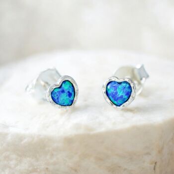 Molten Sterling Silver Blue Opal Heart Stud Earrings, 3 of 7