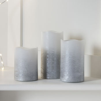 Set Of Three Silver Ombre Wax LED Pillar Candles, 3 of 4