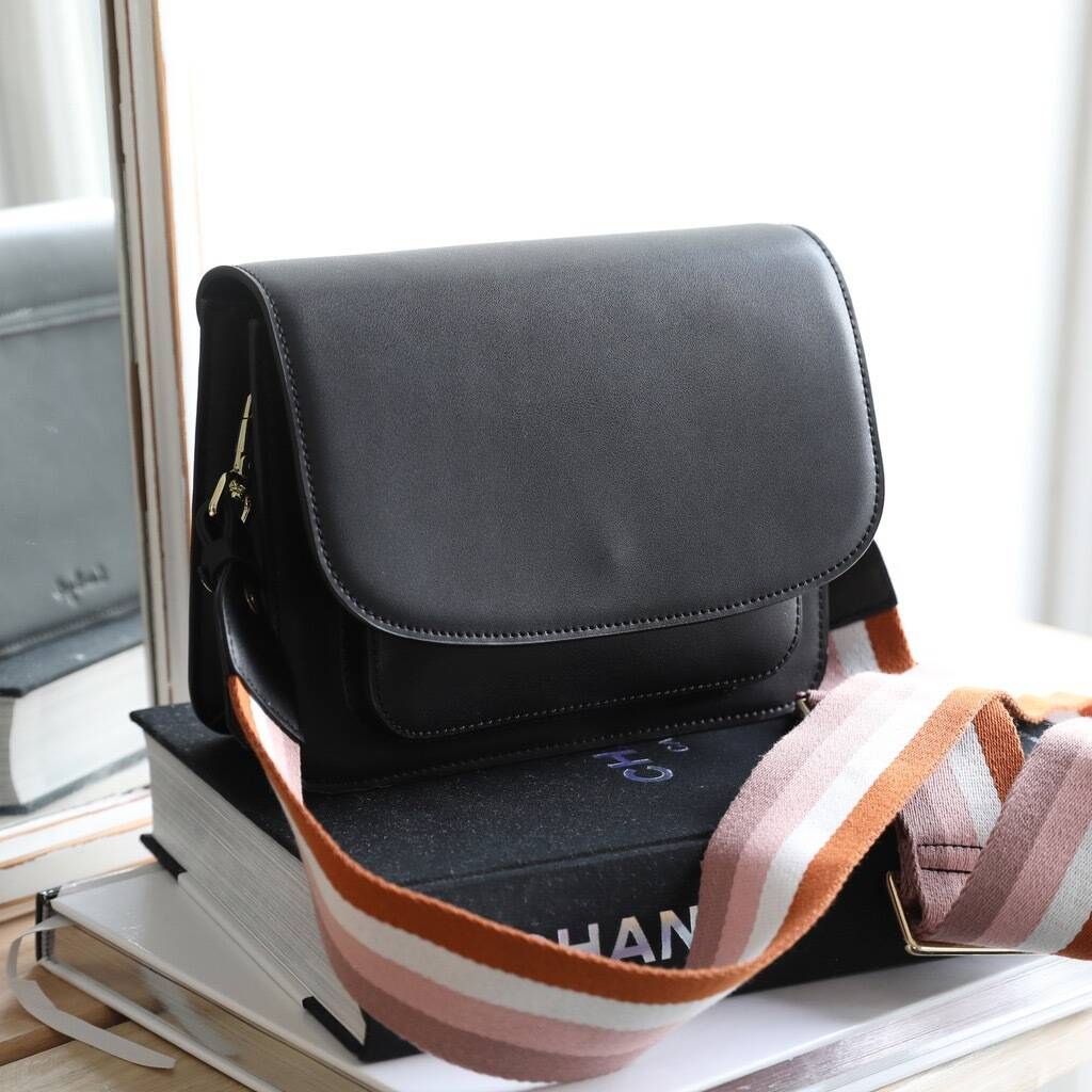 Black Leather Saddle Bag With Striped Strap By Lisa Angel