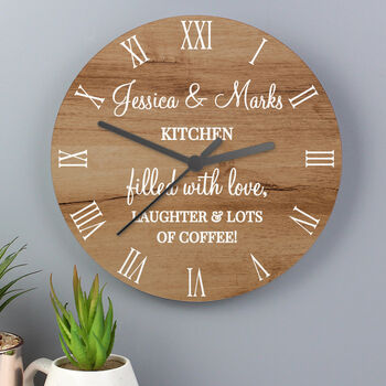Personalised Free Text Wood Effect Round Wall Clock, 4 of 6