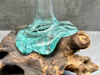 Molten Glass Vase On Teak Driftwood Handmade Wooden Decor Individual Gift, 5 of 6