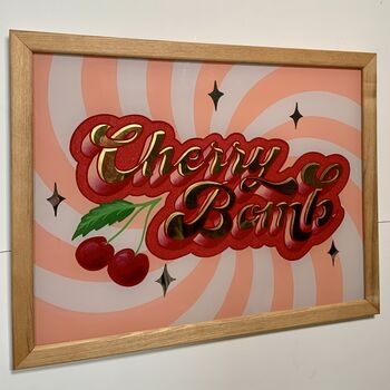 'Cherry Bomb' Reverse Glass Gold Leaf Wall Art Sign, 7 of 12