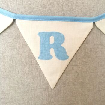 Baby Blue Bunting, New Baby Nursery Gift, Cream And Blue Personalised Bedroom Wall Banner, 7 of 10