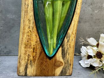 26cm V Shaped Molten Glass Vase On Teak Root – Handmade Wooden, 9 of 12