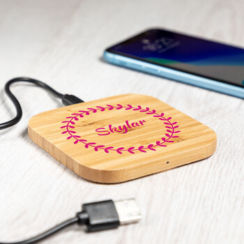 Personalised Botanical Circle Bamboo Wireless Charger, 4 of 6