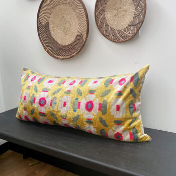 Yellow Floral Design Long Velvet Lumbar Cushion, 3 of 4