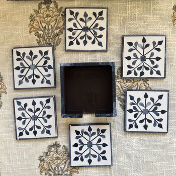 Set Of Six Wood Inlay Coasters With Case Host Gift, 9 of 12