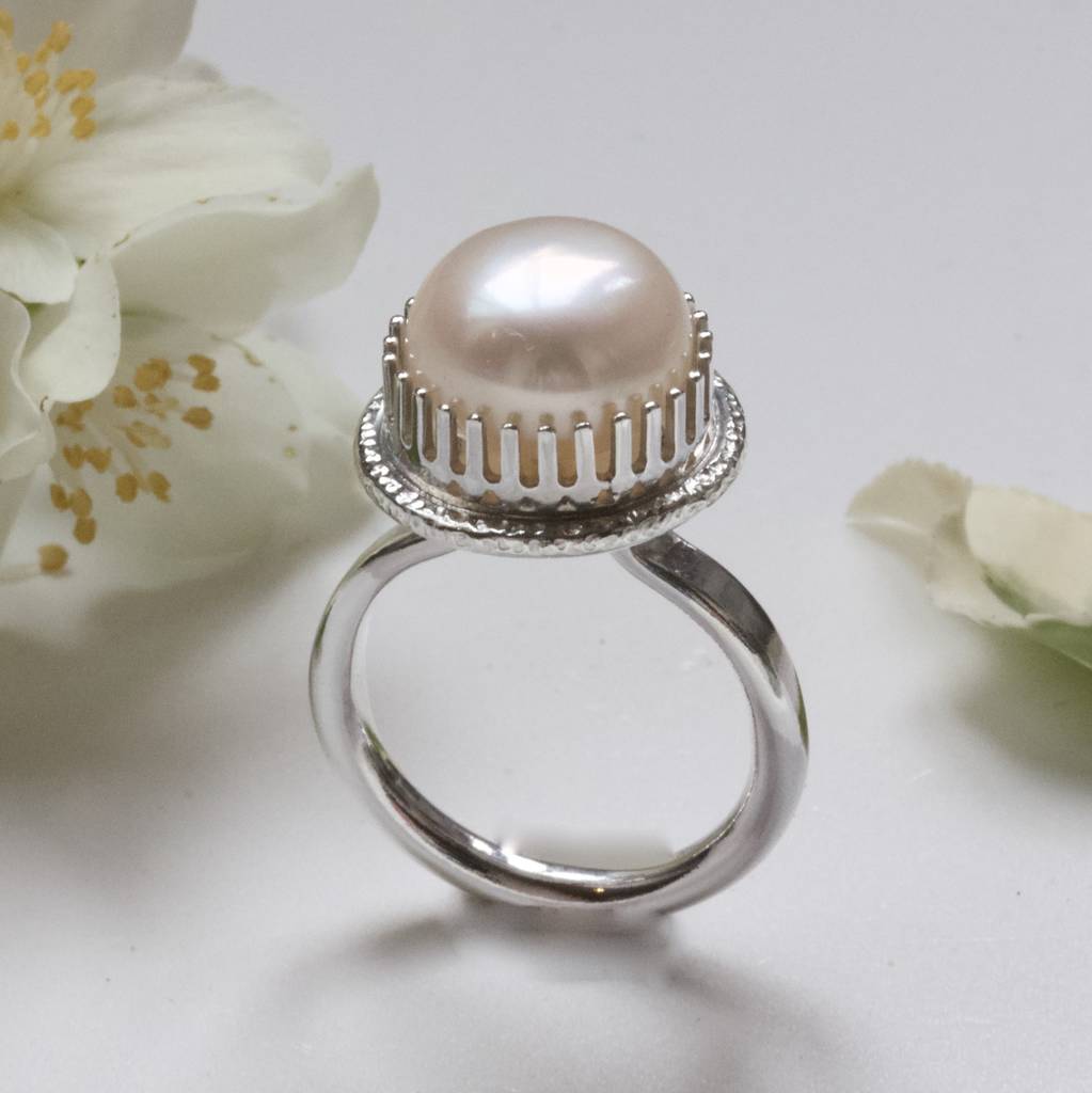 White Pearl Cocktail Ring, Silver Big Pearl Ring By Caroline Brook ...