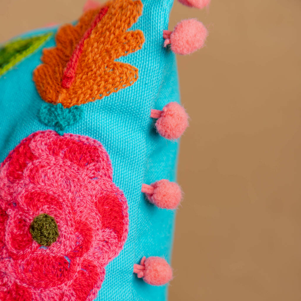 Turquoise Floral Embroidered Cotton Cushion Cover By Birch & Yarn