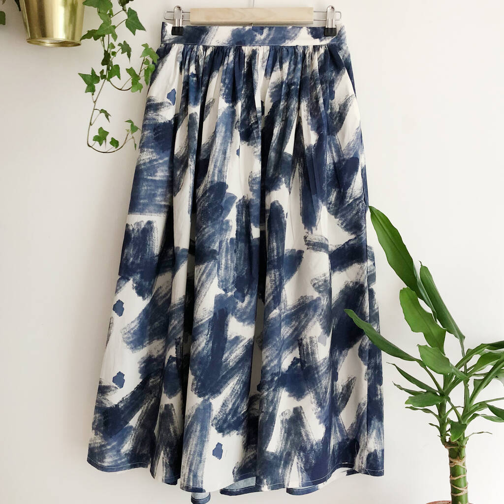 Navy Printed Cotton Midi Skirt, 1 of 6