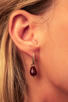 Red Agate Pomegranate Seed Twisted Huggie Hoop Earrings, 3 of 11