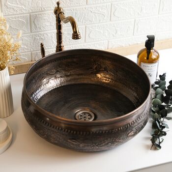 Hand Engraved Dark Copper Vessel Sink For Kitchen And Bathroom, 400 Mm Diameter, 6 of 6