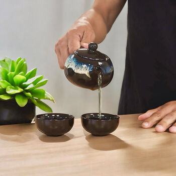 Black Glazed Herbal Tea Set With Teapot And Tea Cups, 2 of 4