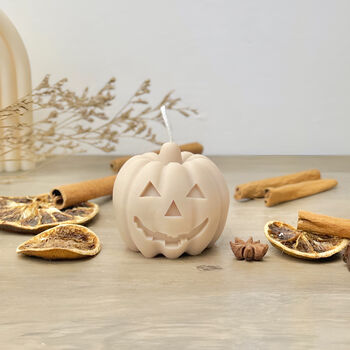 Autumn Beige Carved Pumpkin Candle Halloween Decor, 7 of 10