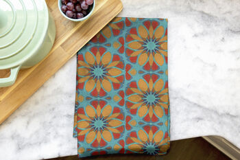 Moroccan Flower Blue Orange Tea Towel, 4 of 11