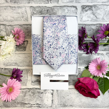 Pink And Silver Ditsy Floral Wedding Tie Set, 2 of 6