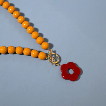 Mustard Bead And Cranberry Flower Toggle Necklace, 2 of 5