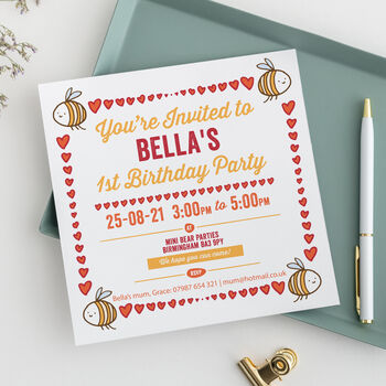Personalised Bumble Bee Hearts Party Invitations, 2 of 3