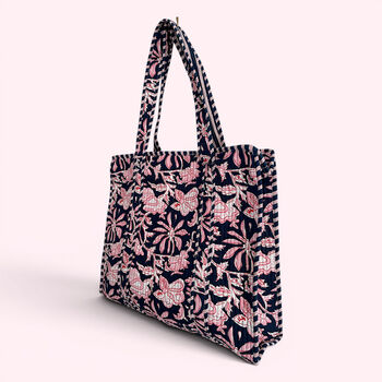 Navy And Pink Flower Quilted Cotton Tote Bag With Zip, 3 of 6