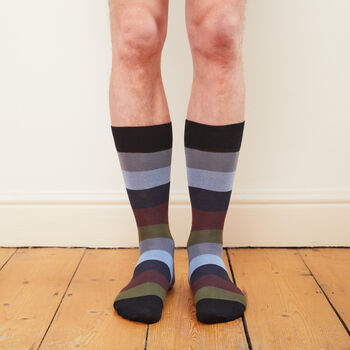 Mens Black, Blue And Khaki Block Stripe Cotton Socks, 2 of 7