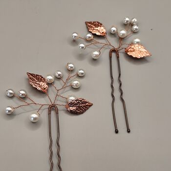 Copper Leaf Hair Pin With Pearls Perfect For Weddings, 2 of 10