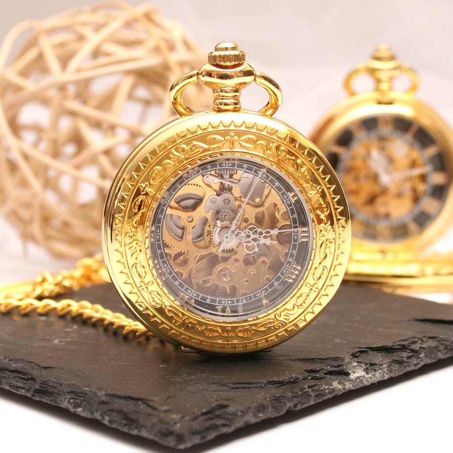 Engraved Gold Skeleton Pocket Watch With Windowed Lid By