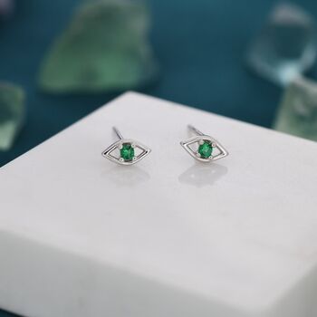 Sterling Silver Tiny Emerald Green Evil Eye Stud Earrings, 5 of 12