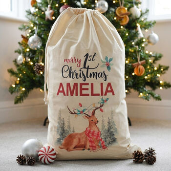 Personalised 1st Christmas Deer Cotton Christmas Sack, 2 of 4