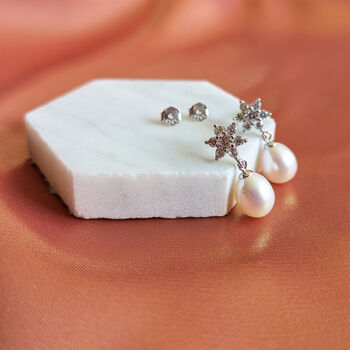 Pearl And Crystal Sterling Silver Flower Drop Earrings, 3 of 3