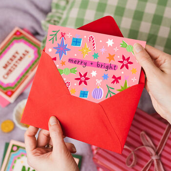 Pack Of Ten Pink Christmas Cards, Merry And Bright Pink, 2 of 5