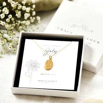 July Engraved Waterlily Birth Flower Necklace, 3 of 12