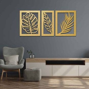 Three Panels Wooden Leaves Wall Art Home Decor, 5 of 9