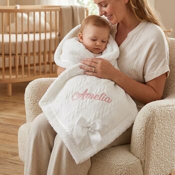 Personalised White Knitted Baby Blanket With Bow, 2 of 11