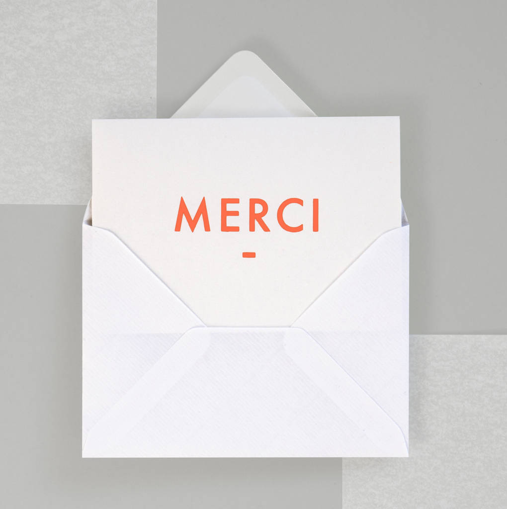 Luxury Handprinted Merci Card In Neon Orange