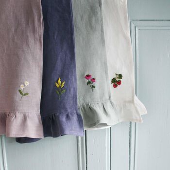 Disty Blue Linen Hand Embroidered Ruffle Tea Towel, 4 of 6