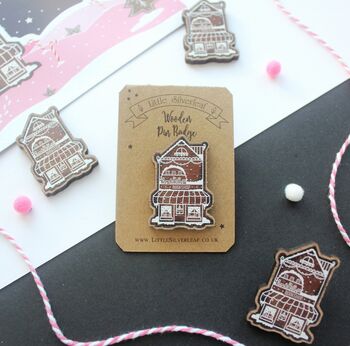 Christmas Wooden Pin Badge, Gingerbread Bookshop, 5 of 6