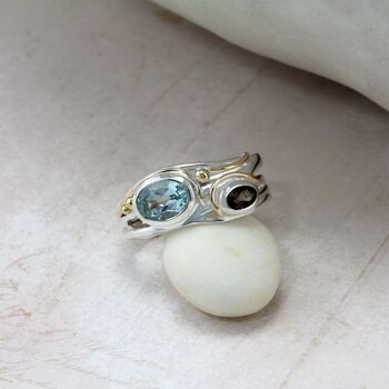 Organic Smokey Quartz And Blue Topaz Ring, 6 of 9