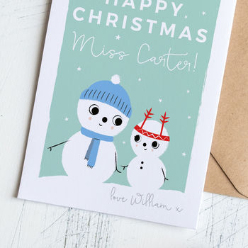 Teacher's Christmas Card Personalised With Snow People, 2 of 3
