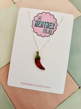 Red Chilli Pepper Charm Necklace Stay Spicy Gift Red Glitter Foodie Jewellery / Spicy Food Lover Necklace, 4 of 5