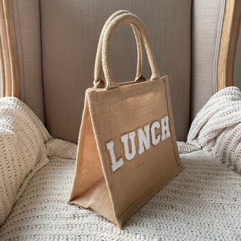 Personalised Patch Five Letters Square Jute Lunch Bridesmaid Top Handle Gift Bag, 3 of 10