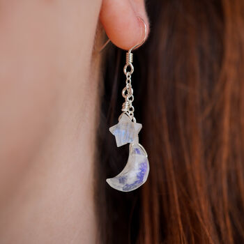 Rainbow Moonstone Moon And Star Earrings, 2 of 10