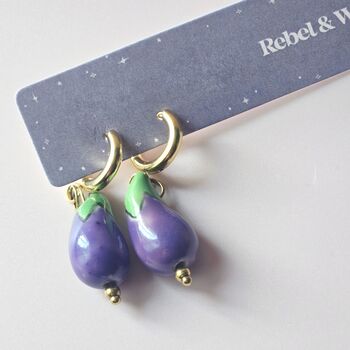 Ceramic Aubergine Earrings With 18ct Gold Plated Huggie Hoops, 5 of 6