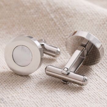 Mother Of Pearl Round Cufflinks In Silver Plating, 2 of 2