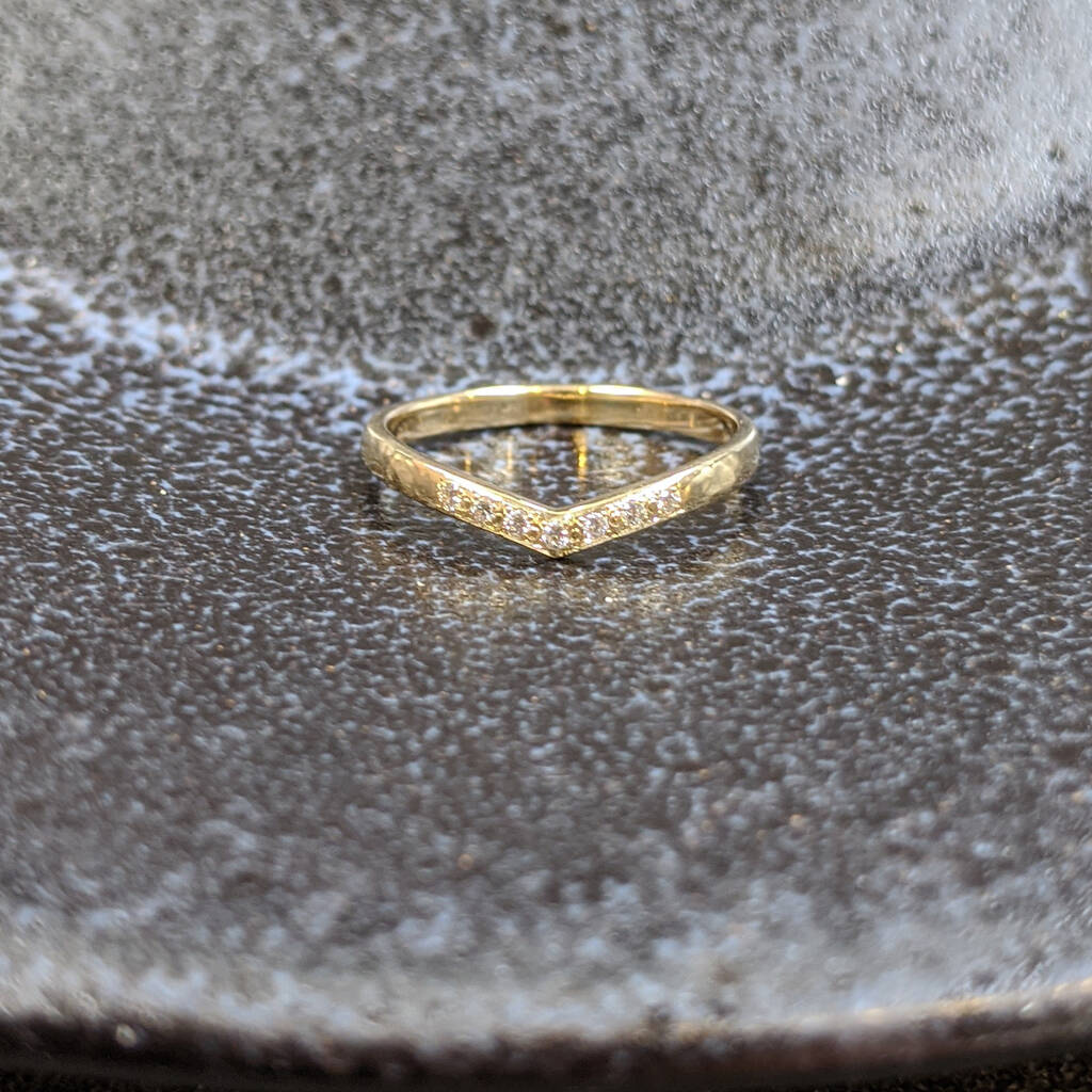 Hammered Gold Wishbone Shaped Diamond Wedding Ring, 1 of 5