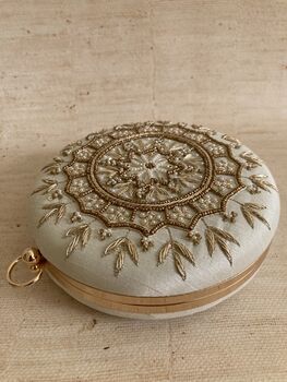 Ivory Round Handcrafted Mandala Design Clutch, 5 of 8