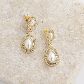 White Pearl Tear Drop Earrings With Crystal Border, 3 of 3